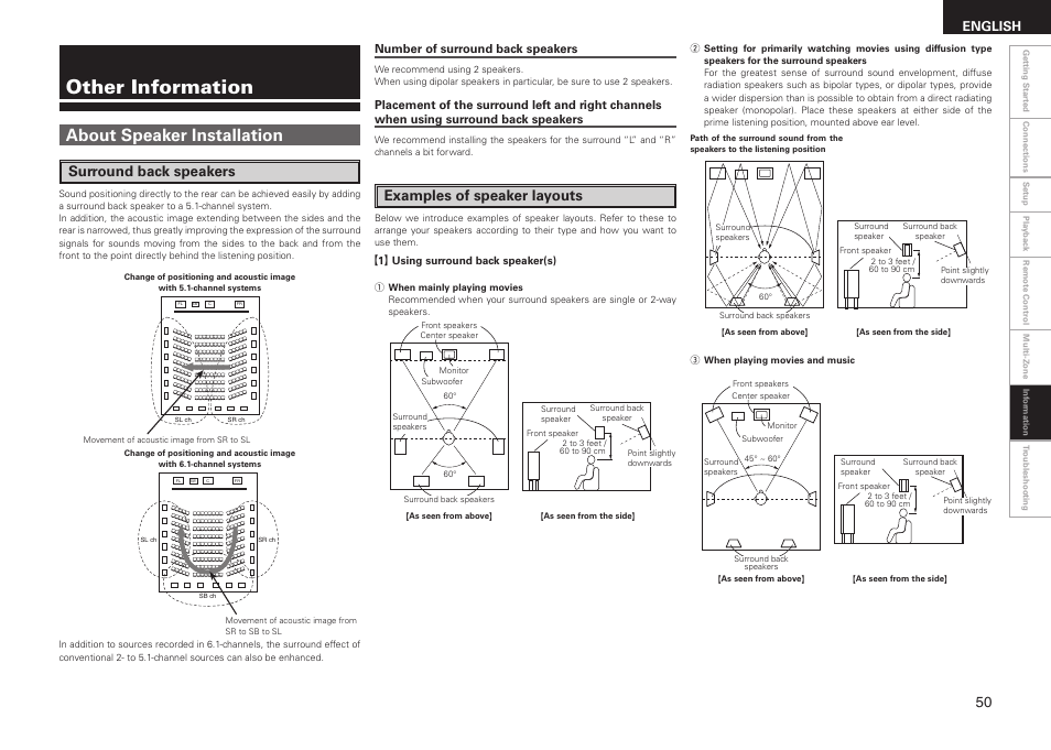 Other information, About speaker installation, Surround back speakers | Examples of speaker layouts, English, Number of surround back speakers | Denon AVR-688 User Manual | Page 53 / 68