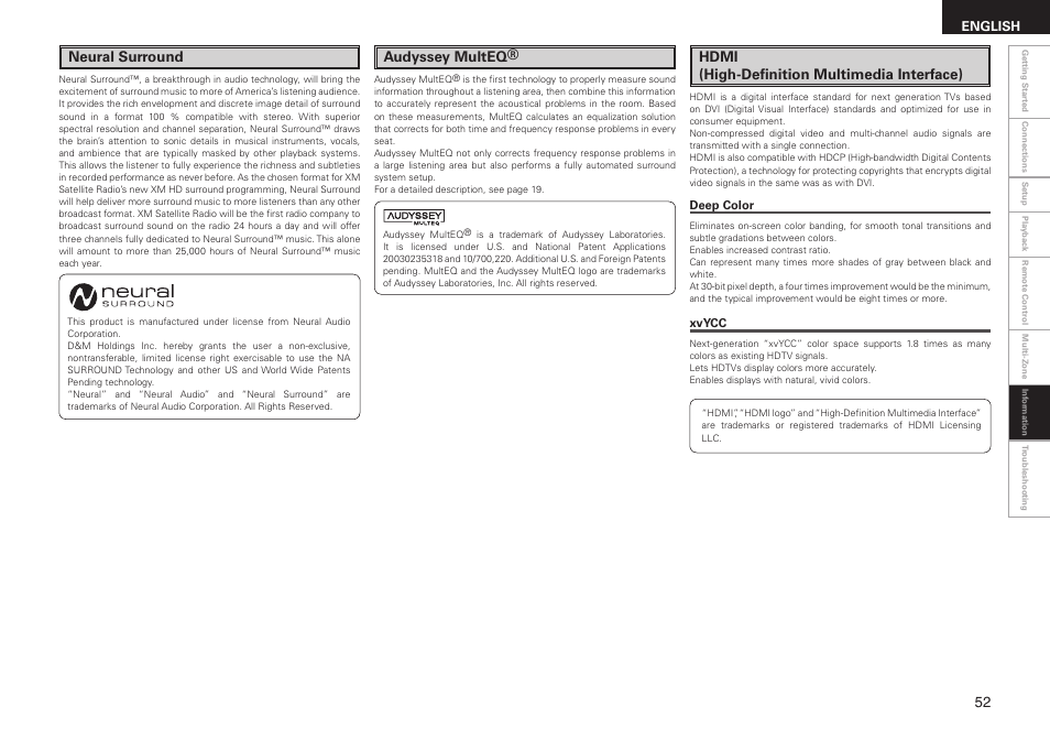 Neural surround, Audyssey multeq, Hdmi (high-definition multimedia interface) | Denon AVR-688 User Manual | Page 55 / 68