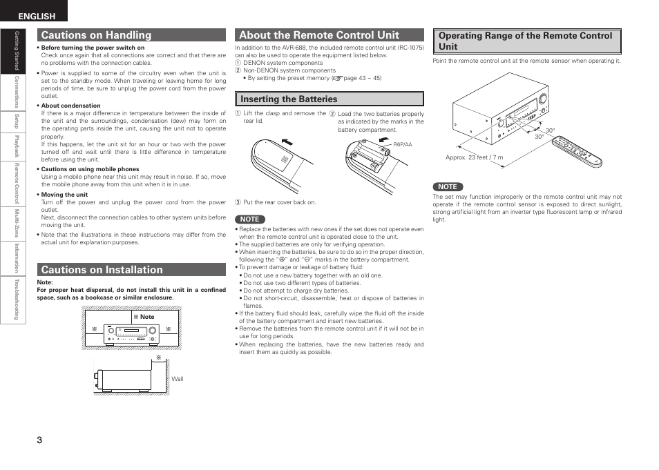 About the remote control unit, Cautions on handling cautions on installation, Inserting the batteries | Operating range of the remote control unit, English | Denon AVR-688 User Manual | Page 6 / 68