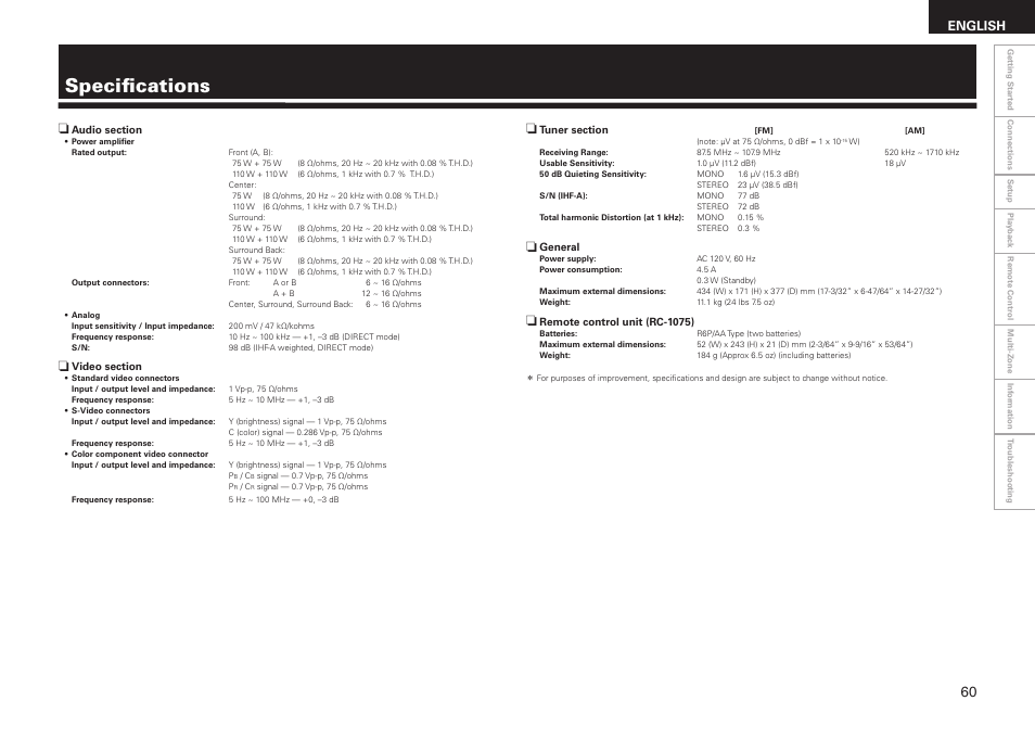 Specifications, English | Denon AVR-688 User Manual | Page 63 / 68