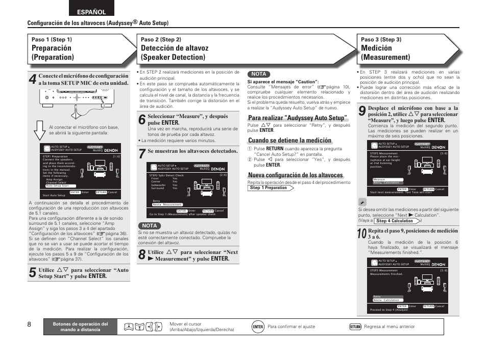 Medición (measurement), Preparación (preparation), Detección de altavoz (speaker detection) | Para realizar “audyssey auto setup, Cuando se detiene la medición, Nueva configuración de los altavoces, Español, Enter | Denon AVR-2311CI User Manual | Page 11 / 90