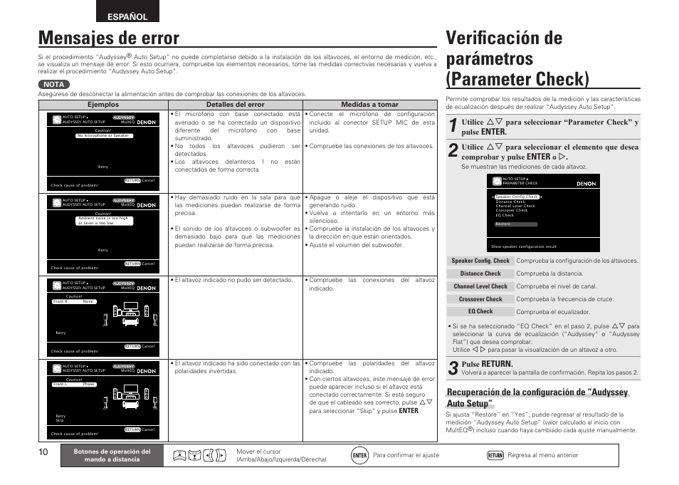 Verificación de parámetros (parameter check), Mensajes de error, Español | Enter, Return | Denon AVR-2311CI User Manual | Page 13 / 90