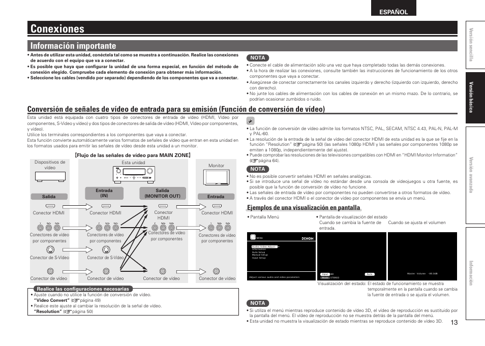 Conexiones, Información importante, Ejemplos de una visualización en pantalla | Español | Denon AVR-2311CI User Manual | Page 16 / 90