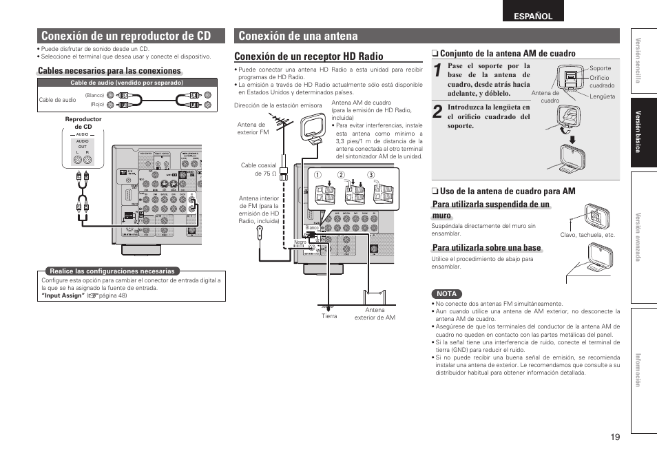 Conexión de una antena, Conexión de un reproductor de cd, Conexión de un receptor hd radio | N conjunto de la antena am de cuadro, Para utilizarla sobre una base, Cables necesarios para las conexiones | Denon AVR-2311CI User Manual | Page 22 / 90