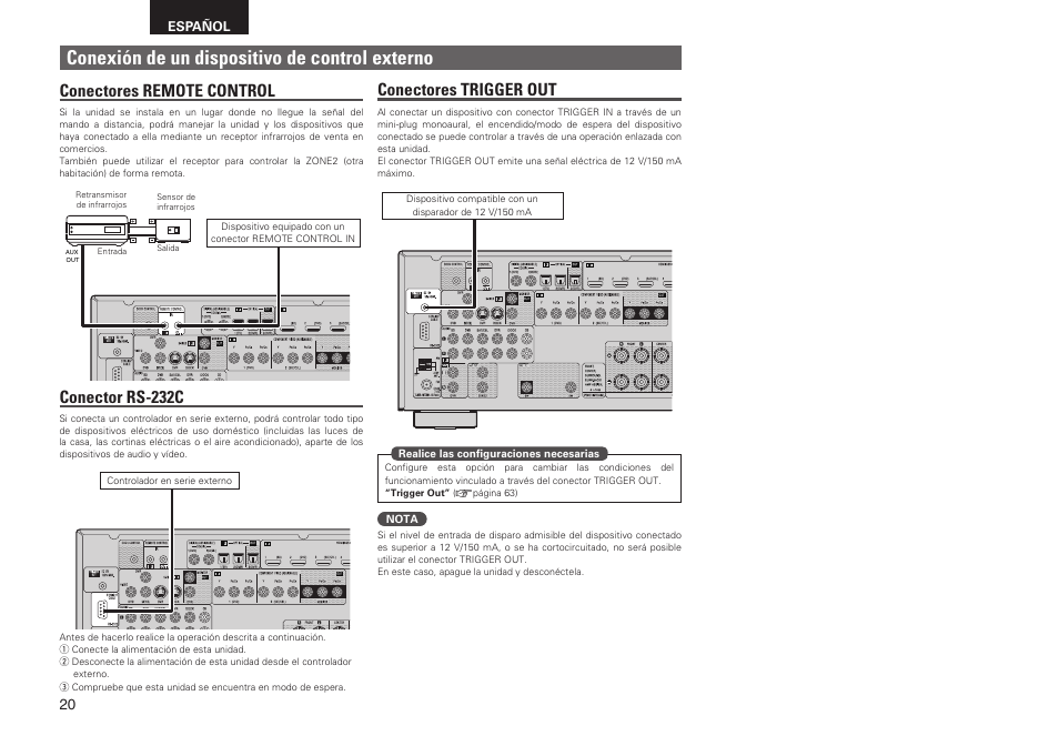 Conexión de un dispositivo de control externo, Conectores remote control, Conector rs-232c | Conectores trigger out | Denon AVR-2311CI User Manual | Page 23 / 90