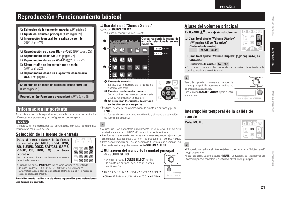 Reproducción (funcionamiento básico), Información importante, Selección de la fuente de entrada | Ajuste del volumen principal, Interrupción temporal de la salida de sonido | Denon AVR-2311CI User Manual | Page 24 / 90