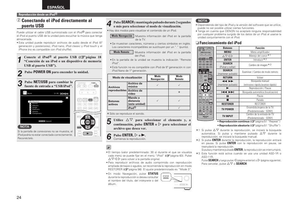 Conectando el ipod directamente al puerto usb, N funcionamiento del ipod | Denon AVR-2311CI User Manual | Page 27 / 90