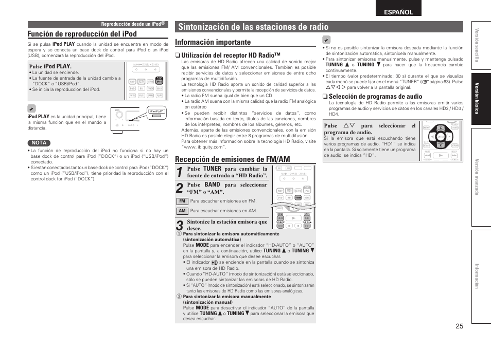 Sintonización de las estaciones de radio, Información importante, Recepción de emisiones de fm/am | Función de reproducción del ipod | Denon AVR-2311CI User Manual | Page 28 / 90