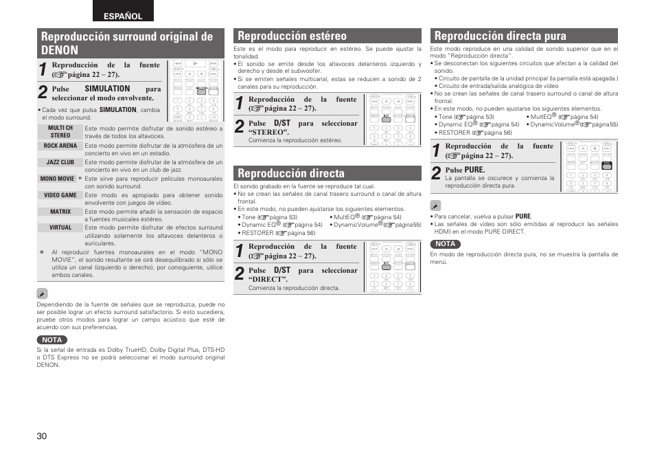 Reproducción surround original de denon, Reproducción estéreo, Reproducción directa | Reproducción directa pura | Denon AVR-2311CI User Manual | Page 33 / 90