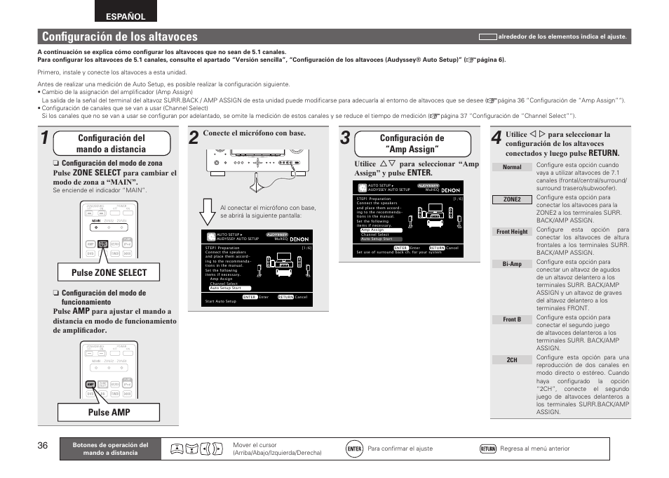 Configuración de los altavoces, Configuración del mando a distancia, Pulse zone select | Pulse amp, Configuración de “amp assign | Denon AVR-2311CI User Manual | Page 39 / 90