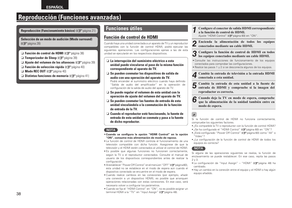 Reproducción (funciones avanzadas), Funciones útiles, Función de control de hdmi | Denon AVR-2311CI User Manual | Page 41 / 90