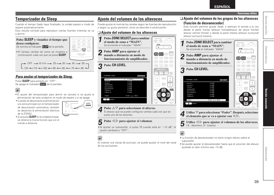 Temporizador de sleep, Ajuste del volumen de los altavoces, Para anular el temporizador de sleep | N ajuste del volumen de los altavoces | Denon AVR-2311CI User Manual | Page 42 / 90
