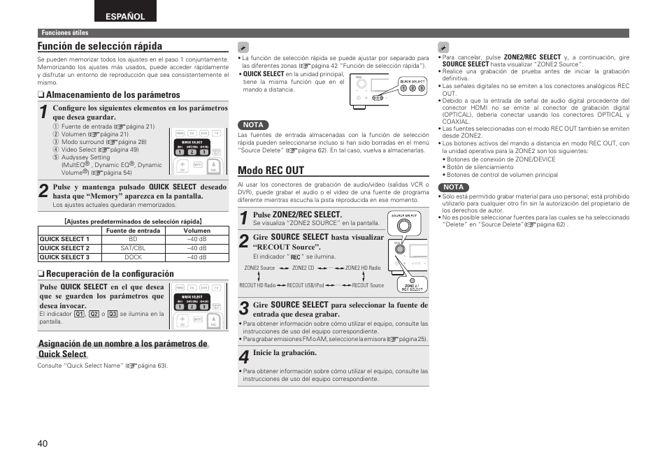 Función de selección rápida, Modo rec out | Denon AVR-2311CI User Manual | Page 43 / 90