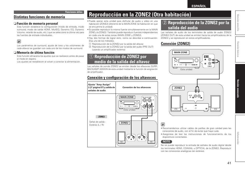 Reproducción en la zone2 (otra habitación), Wreproducción de la zone2 por la salida del audio, Conexión y configuración de los altavoces | Conexión (zone2) | Denon AVR-2311CI User Manual | Page 44 / 90