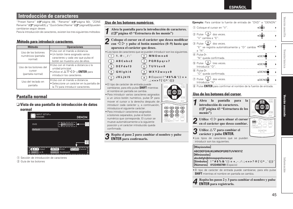 Introducción de caracteres, Pantalla normal, Método para introducir caracteres | Uso de los botones numéricos, Uso de los botones del cursor | Denon AVR-2311CI User Manual | Page 48 / 90