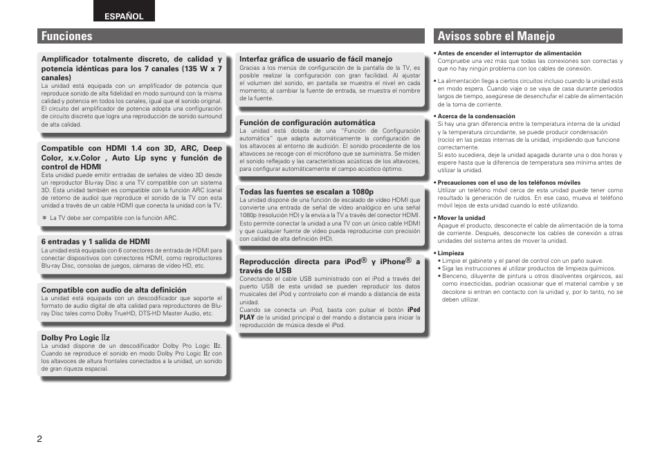 Avisos sobre el manejo, Funciones | Denon AVR-2311CI User Manual | Page 5 / 90