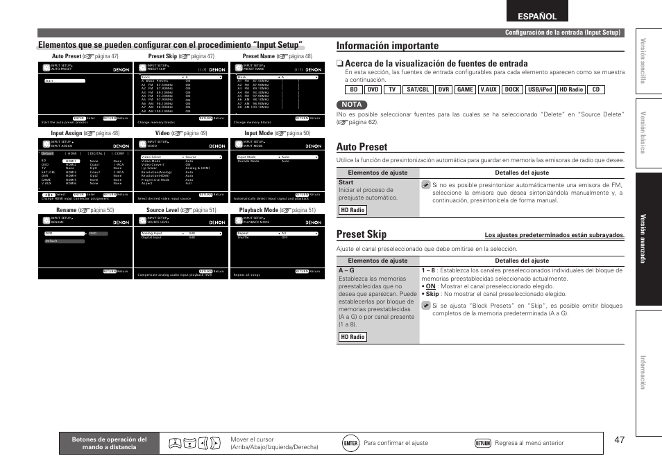 Información importante, Auto preset, Preset skip | N acerca de la visualización de fuentes de entrada, Español, Nota, Configuración de la entrada (input setup) | Denon AVR-2311CI User Manual | Page 50 / 90