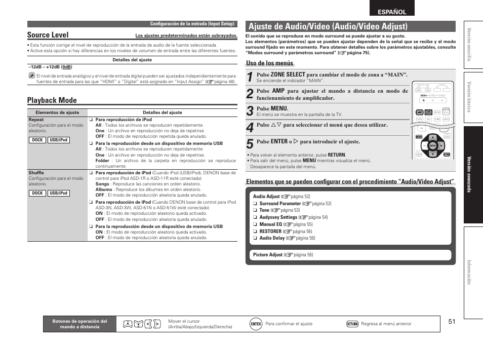 Ajuste de audio/video (audio/video adjust), Source level, Playback mode | Denon AVR-2311CI User Manual | Page 54 / 90