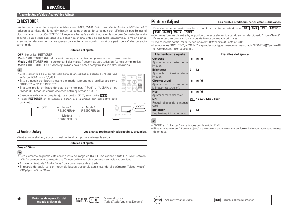 Picture adjust, 56 n restorer, N audio delay | Denon AVR-2311CI User Manual | Page 59 / 90