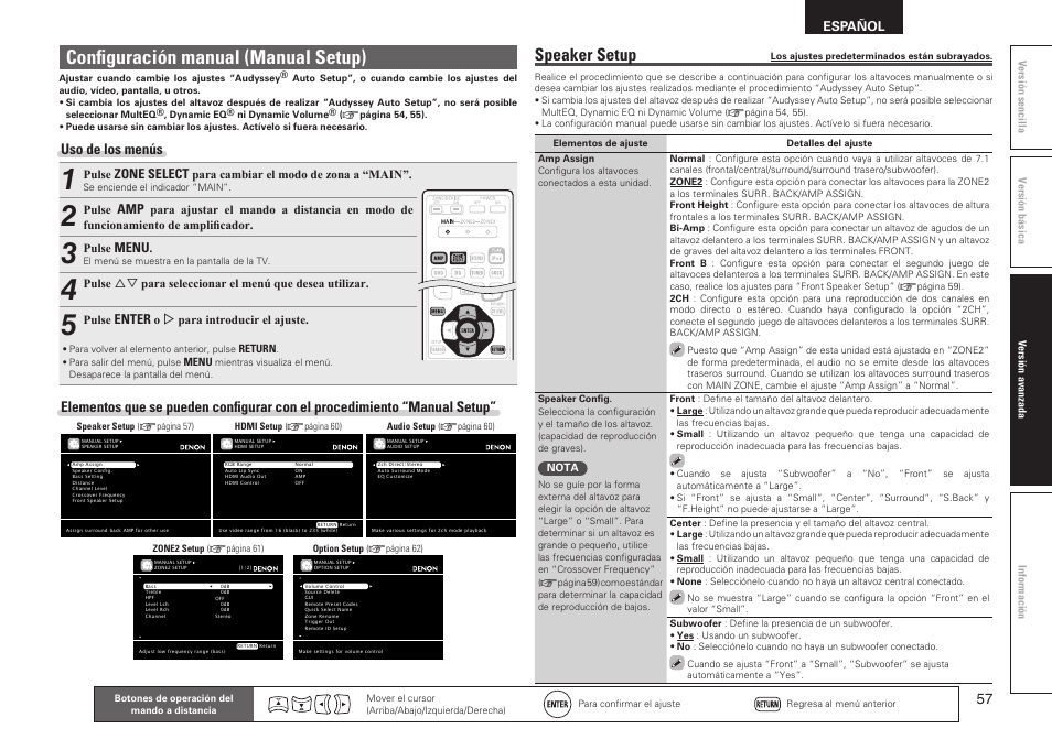 Configuración manual (manual setup), Speaker setup, Uso de los menús | Español, Zone select, Menu, Enter | Denon AVR-2311CI User Manual | Page 60 / 90