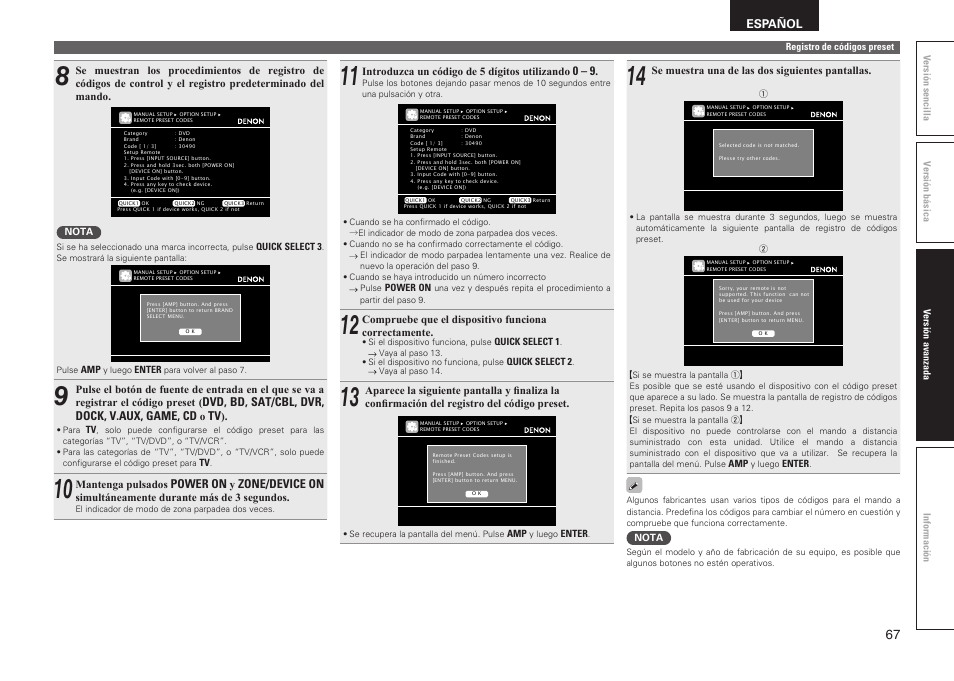 Español, Dvd, bd, sat/cbl, dvr, dock, v.aux, game, cd, Power on | Zone/device on | Denon AVR-2311CI User Manual | Page 70 / 90