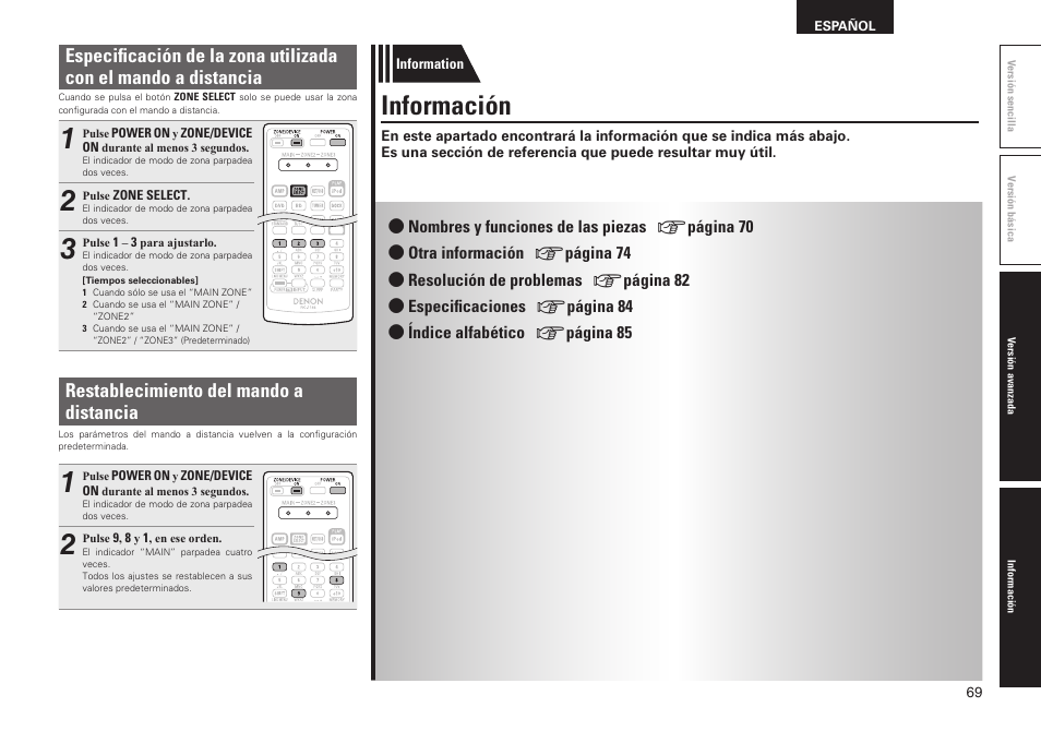 Información, Restablecimiento del mando a distancia | Denon AVR-2311CI User Manual | Page 72 / 90