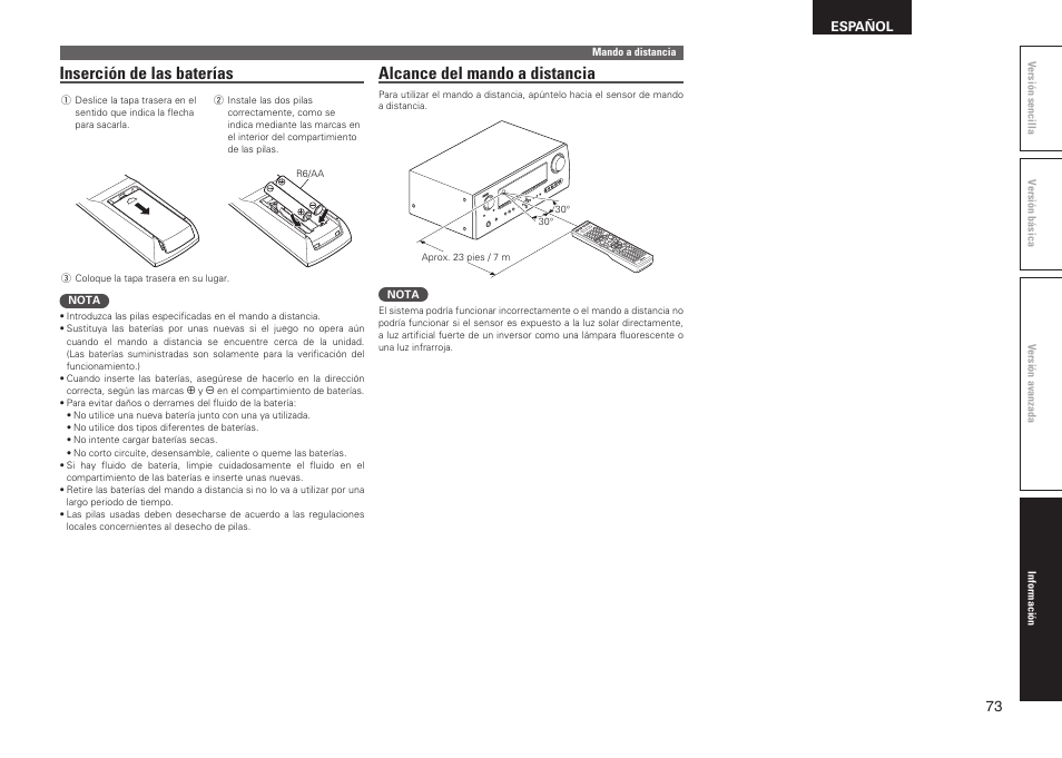 Alcance del mando a distancia, Inserción de las baterías | Denon AVR-2311CI User Manual | Page 76 / 90