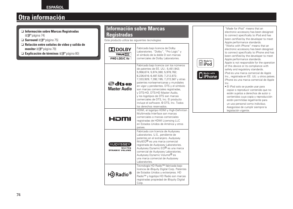 Otra información, Información sobre marcas registradas | Denon AVR-2311CI User Manual | Page 77 / 90