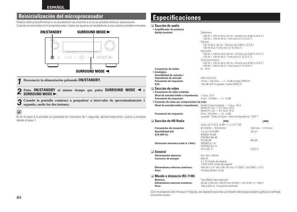 Especificaciones, Reinicialización del microprocesador | Denon AVR-2311CI User Manual | Page 87 / 90