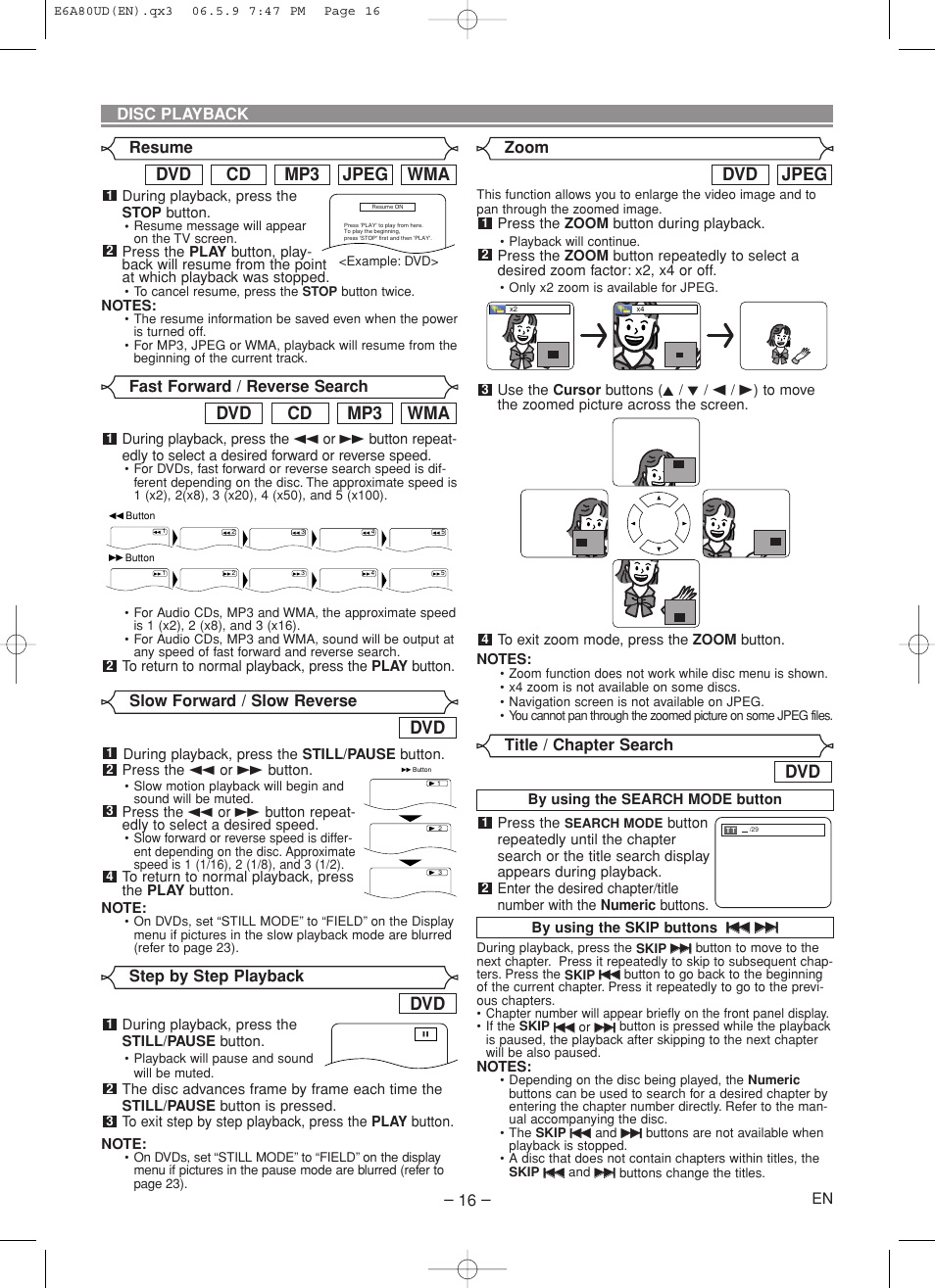 Jpeg dvd, Wma mp3 cd dvd, Wma jpeg mp3 cd dvd | Denon DVD-1730 User Manual | Page 16 / 29
