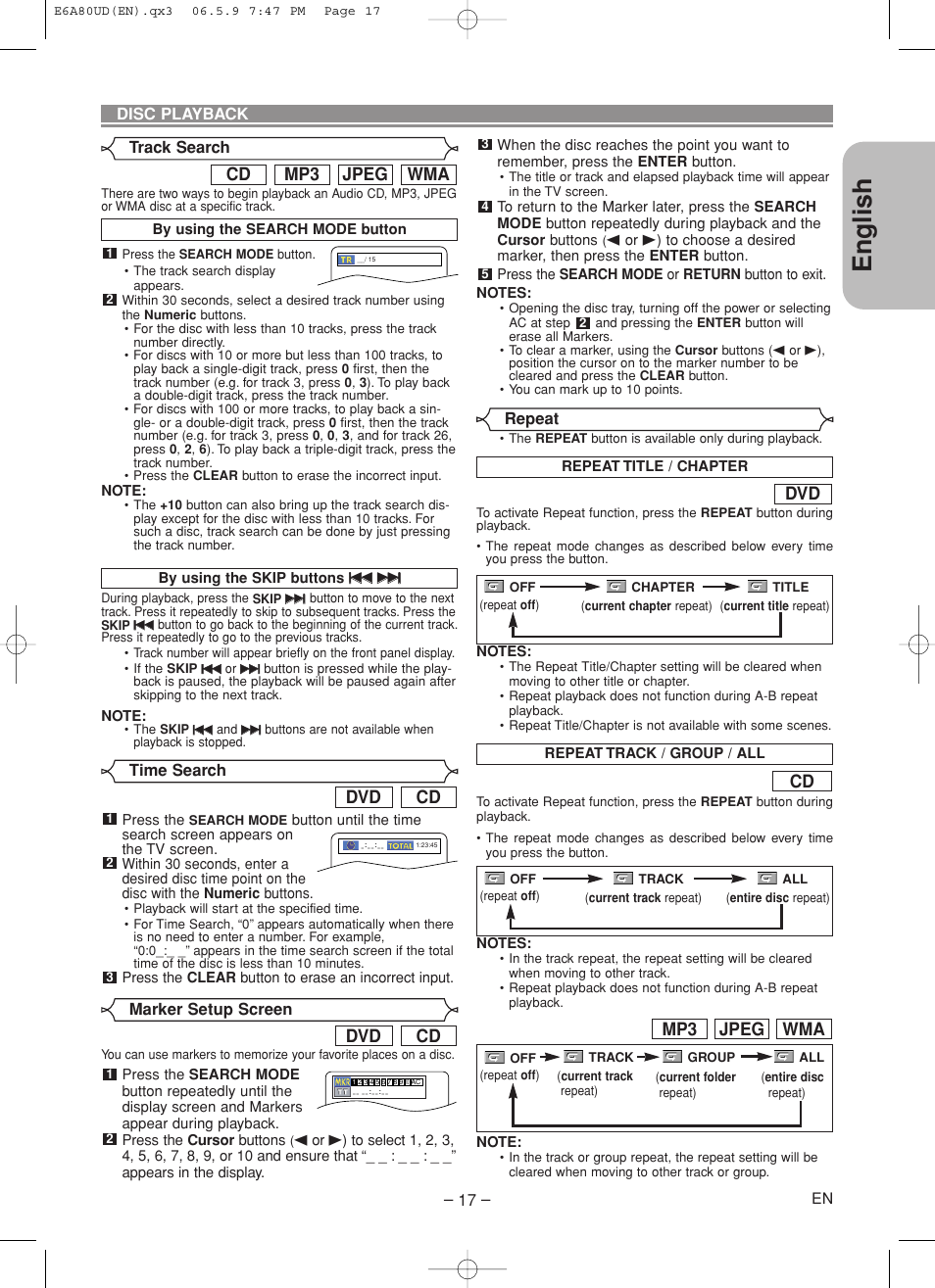 English, Cd dvd, Wma jpeg mp3 cd | Wma jpeg mp3 | Denon DVD-1730 User Manual | Page 17 / 29