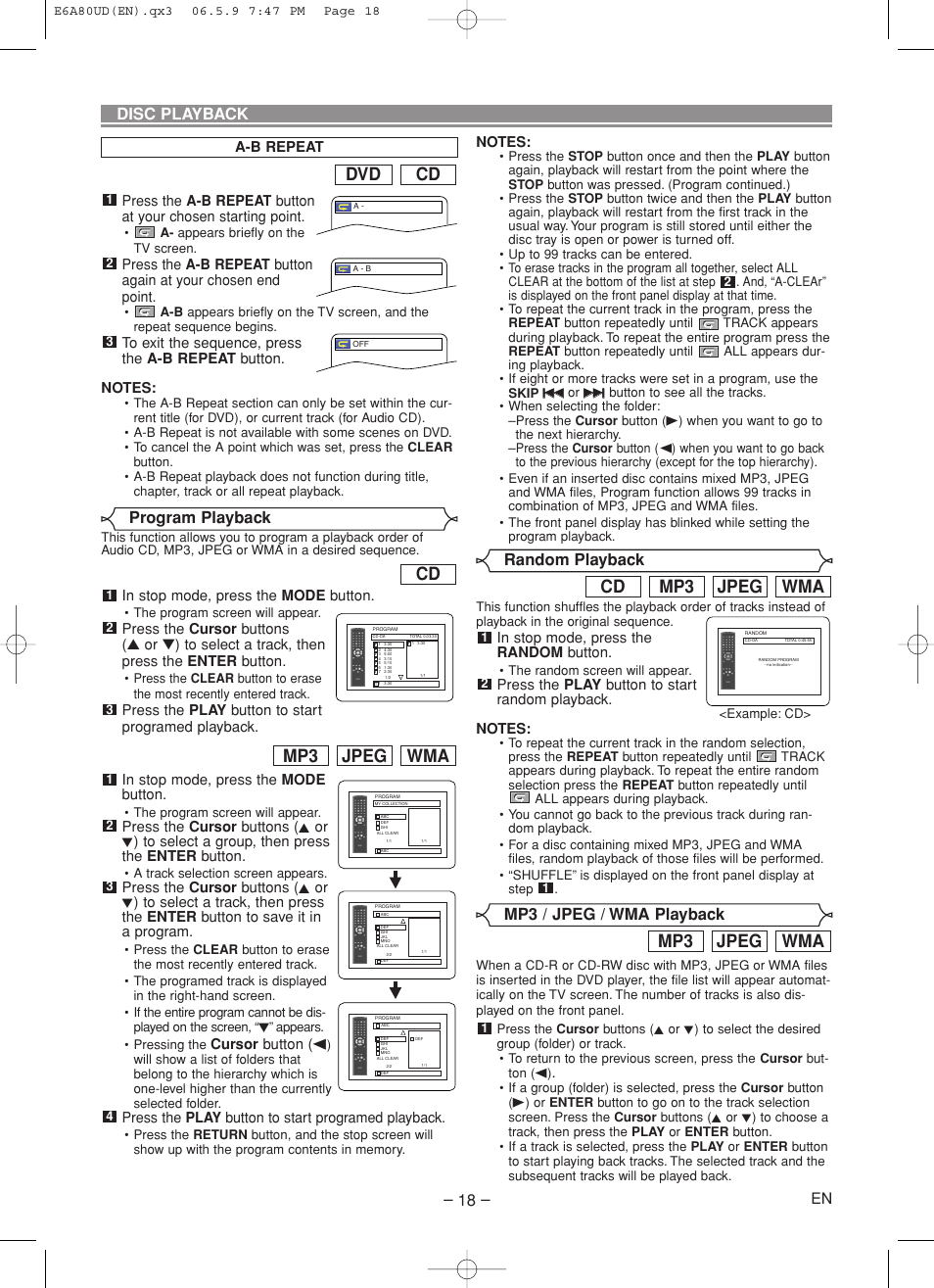 Wma jpeg mp3, Wma jpeg mp3 cd, Cd dvd | Disc playback program playback, Random playback, Mp3 / jpeg / wma playback | Denon DVD-1730 User Manual | Page 18 / 29