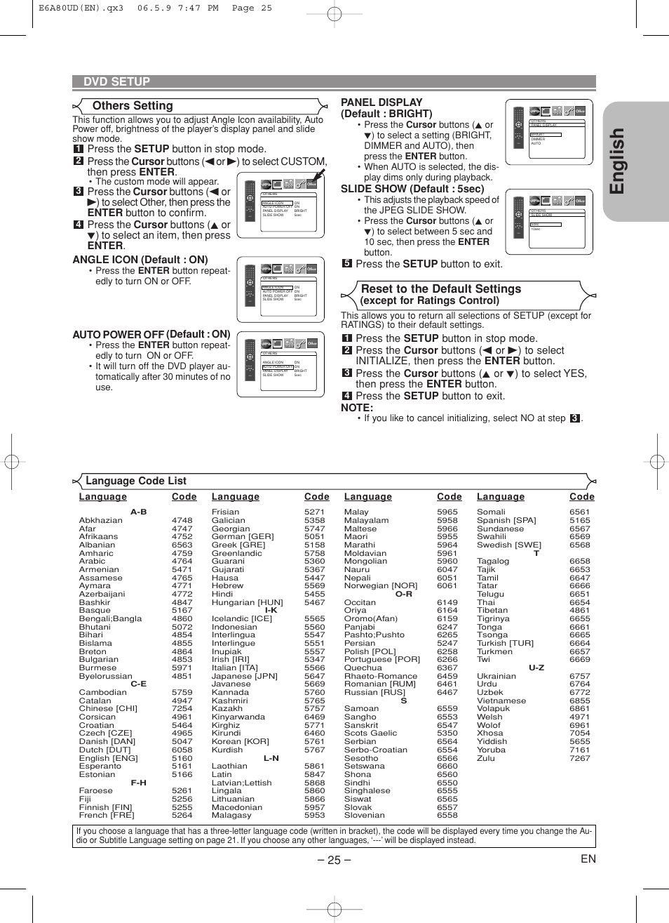 English, Dvd setup, Reset to the default settings | Others setting, Panel display (default : bright), Slide show (default : 5sec), Press the setup button to exit, Anguage code list, Except for ratings control), Auto power off (default : on) | Denon DVD-1730 User Manual | Page 25 / 29