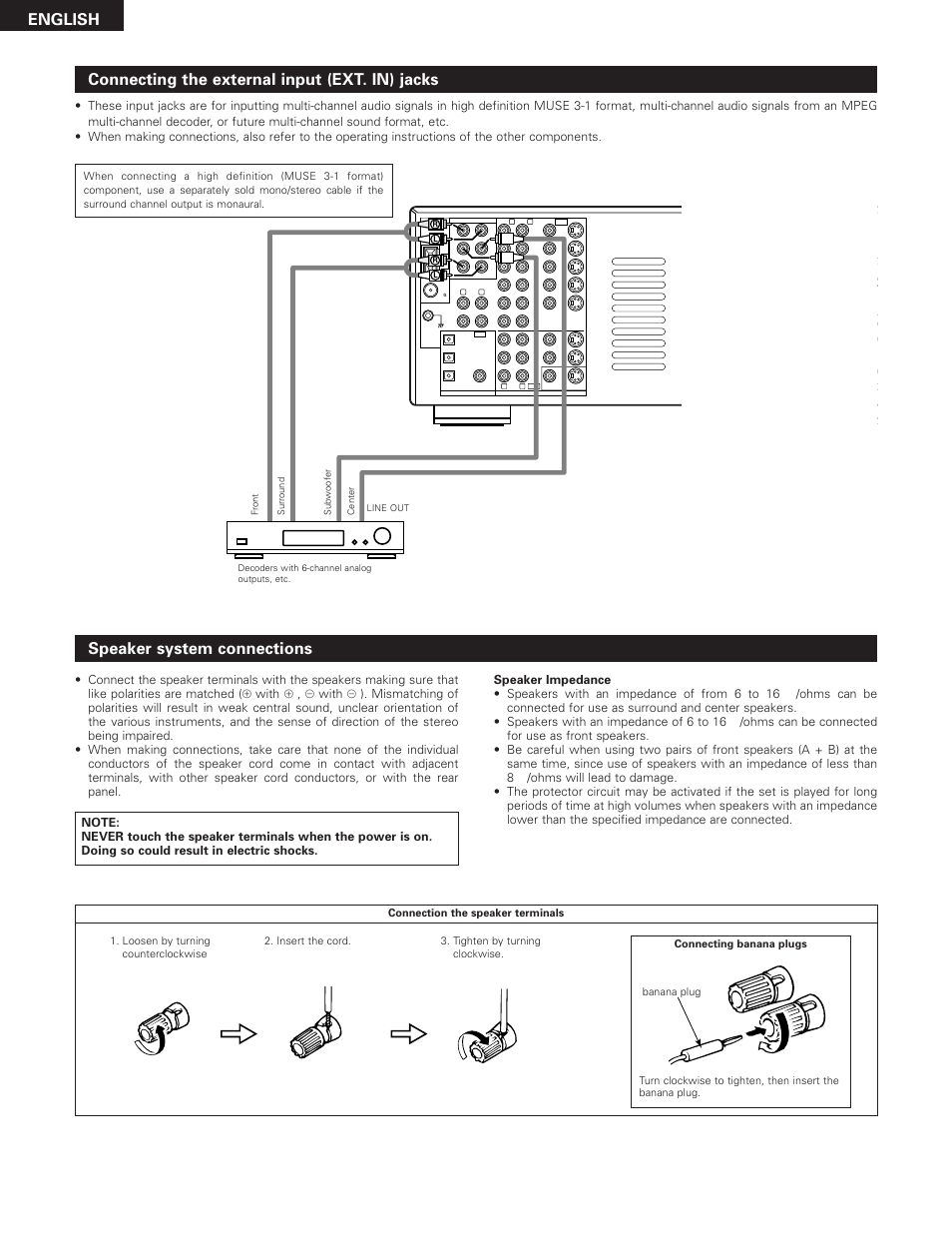 English, Connecting the external input (ext. in) jacks, Speaker system connections | Denon AVR-2801 User Manual | Page 10 / 54