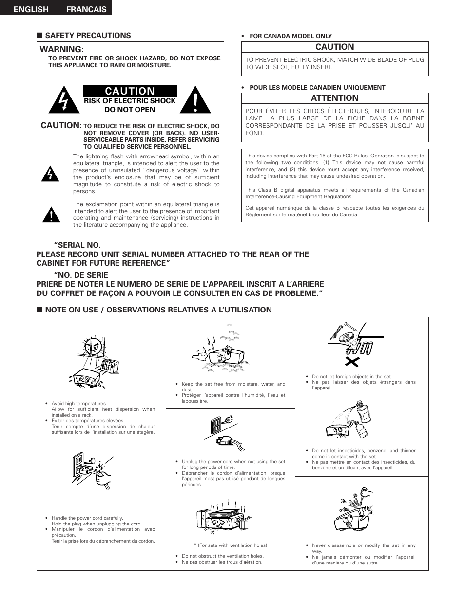 Caution, Attention, Warning | English, Francais | Denon AVR-2801 User Manual | Page 2 / 54