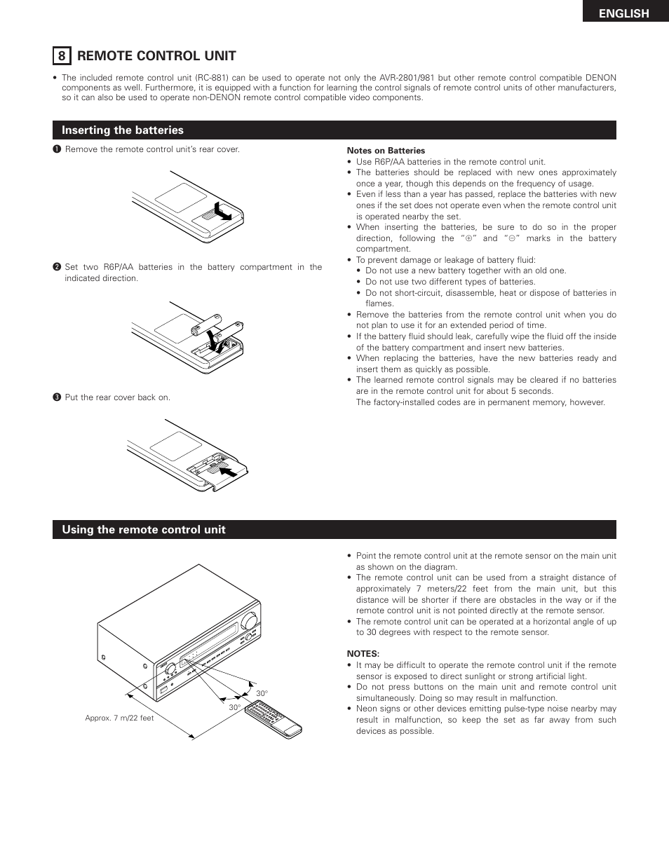 Remote control unit, 23 8 remote control unit, English | Inserting the batteries, Using the remote control unit | Denon AVR-2801 User Manual | Page 23 / 54