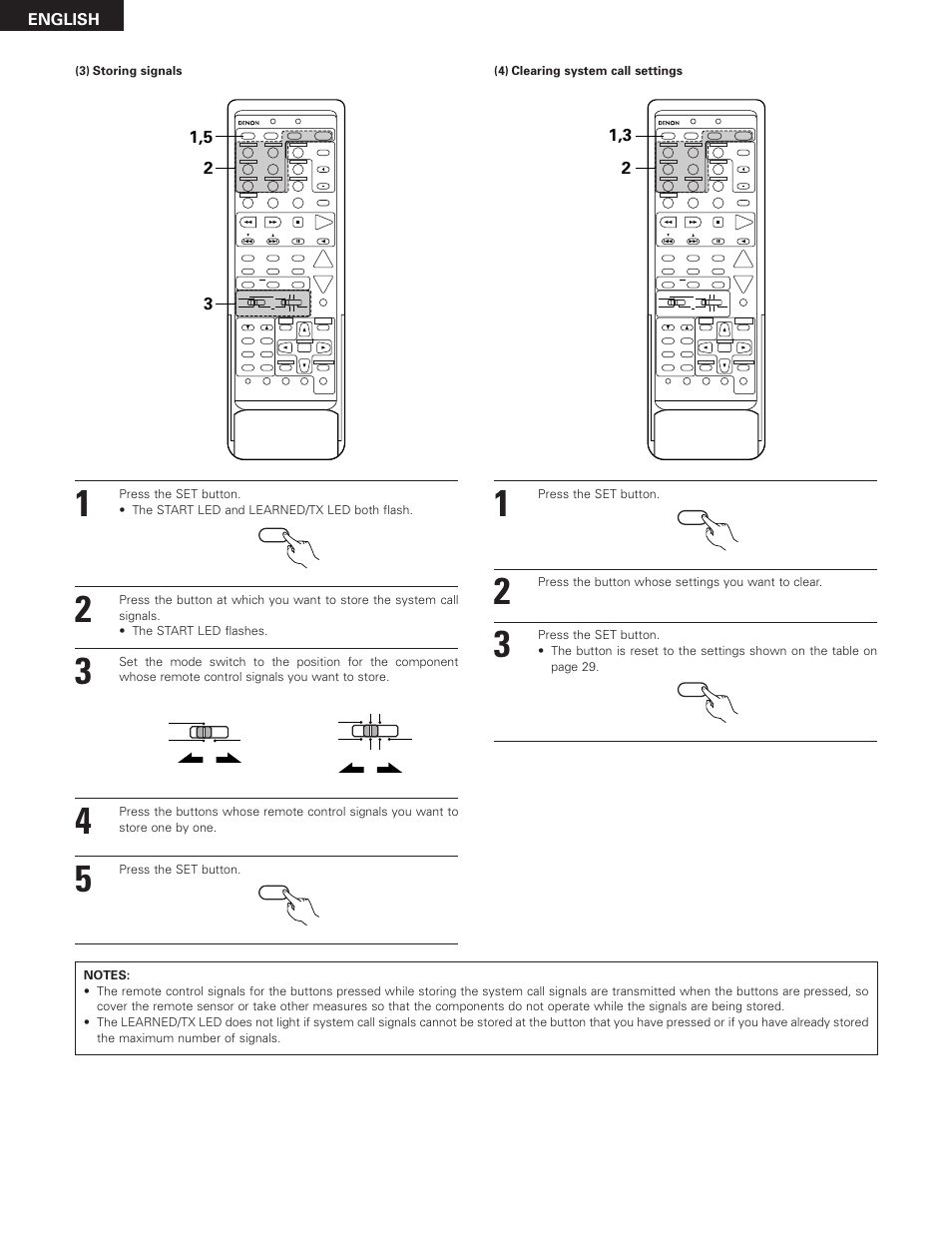 English, Press the set button, Press the button whose settings you want to clear | Denon AVR-2801 User Manual | Page 30 / 54