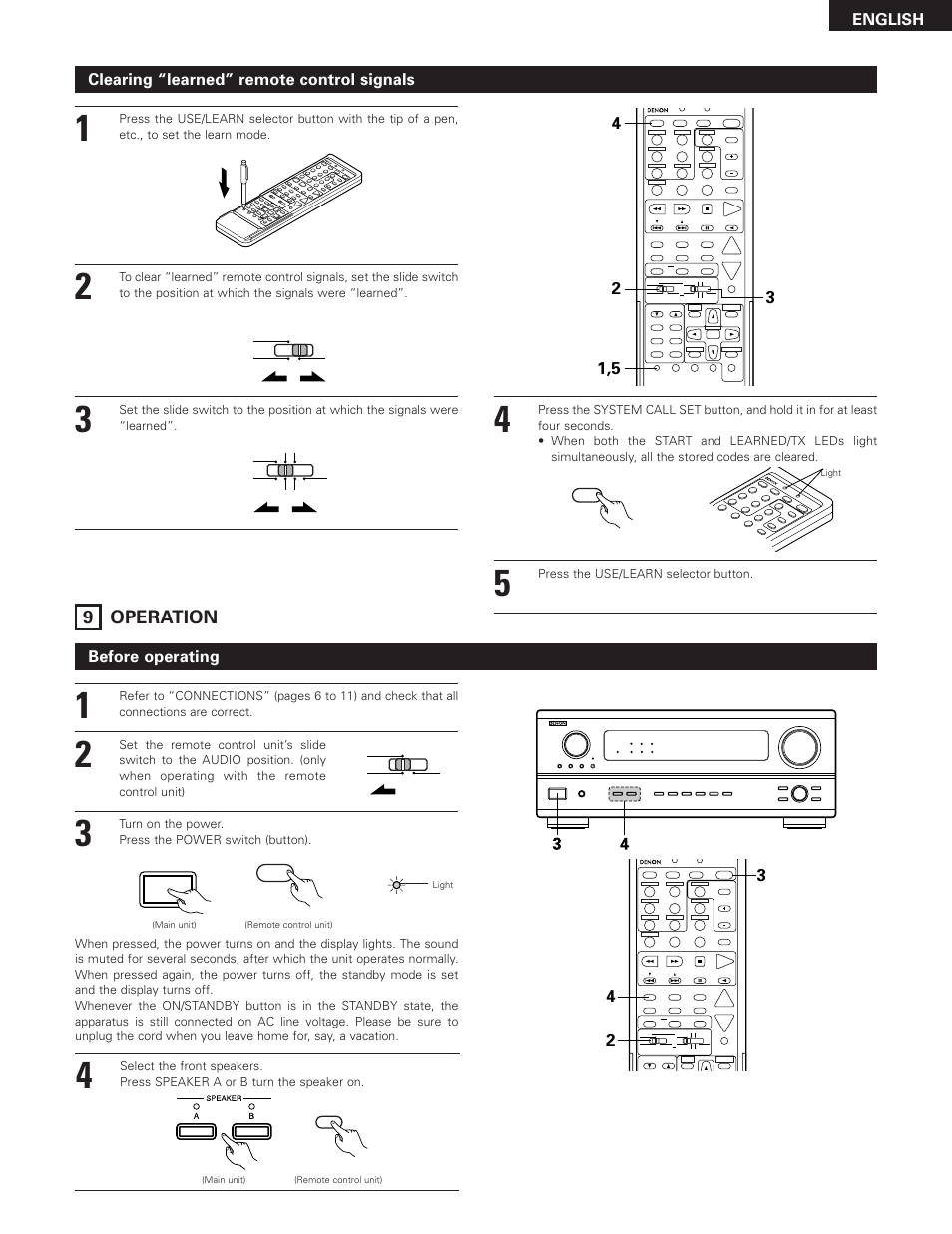 Operation, 9 operation, English | Clearing “learned” remote control signals, Before operating, Press the use/learn selector button, Turn on the power. press the power switch (button) | Denon AVR-2801 User Manual | Page 31 / 54