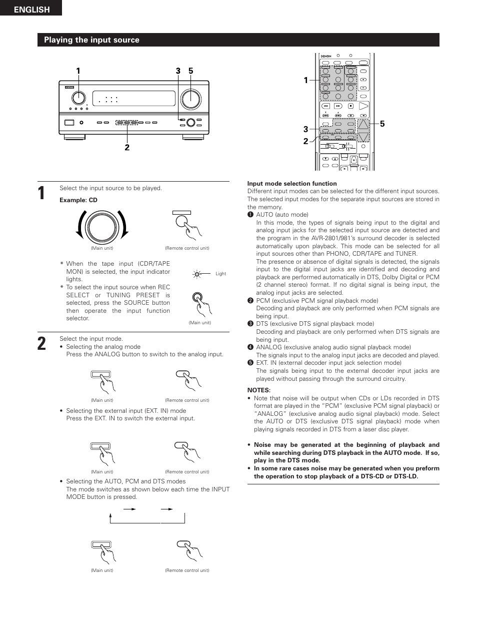English, Playing the input source, Select the input source to be played | Example: cd, Auto pcm dts | Denon AVR-2801 User Manual | Page 32 / 54
