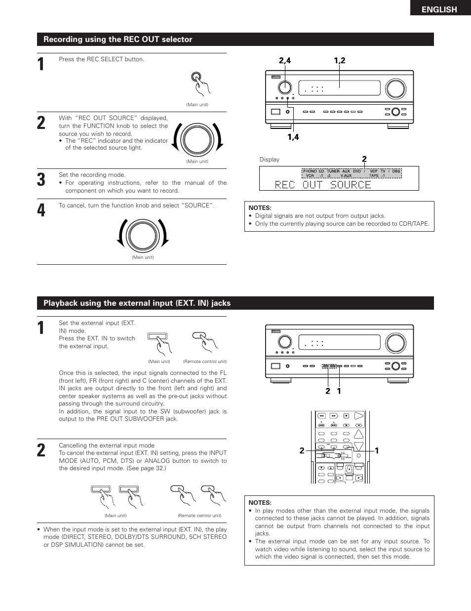English, Recording using the rec out selector, Playback using the external input (ext. in) jacks | Denon AVR-2801 User Manual | Page 35 / 54
