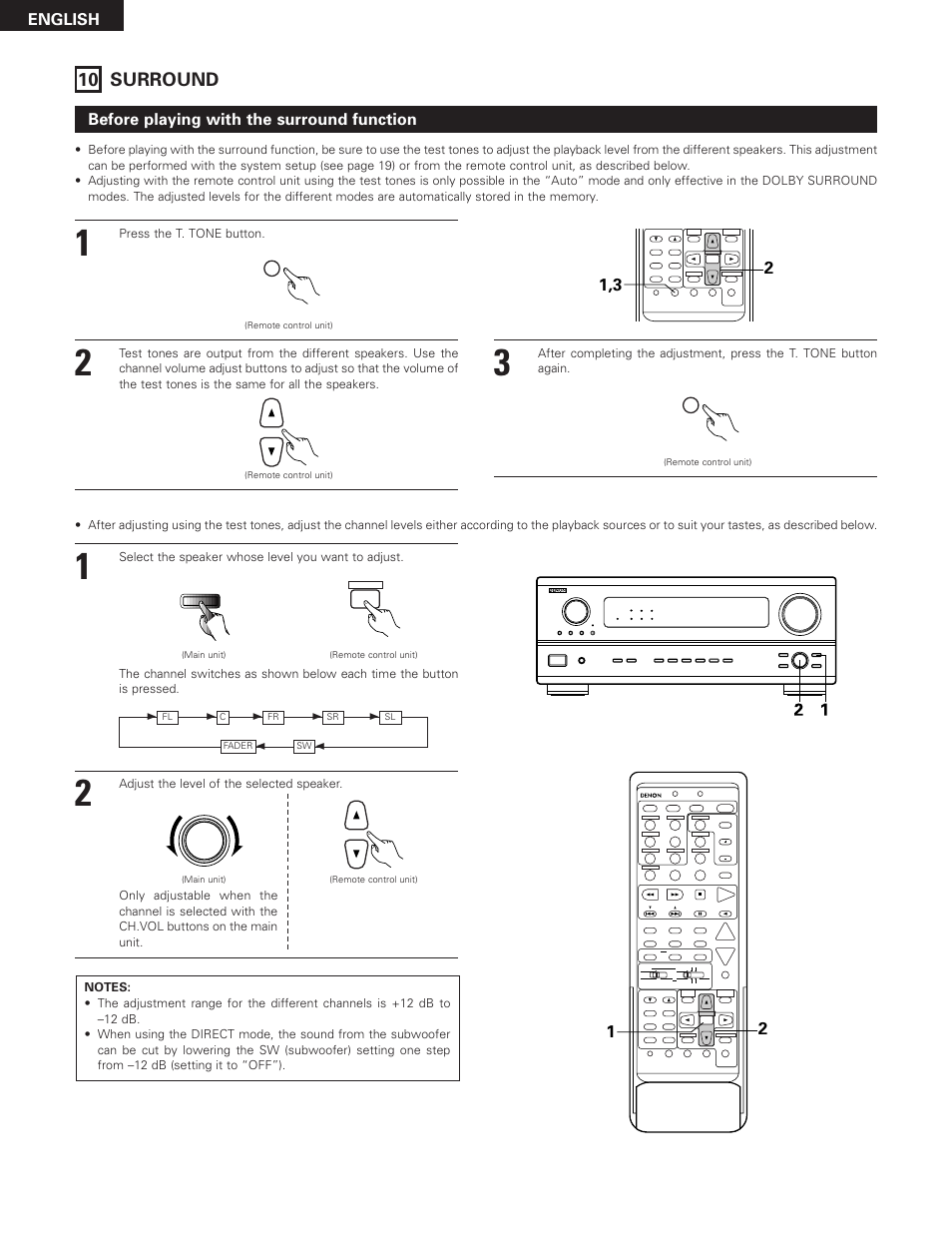 Surround, 36 10 surround, English | Before playing with the surround function, Press the t. tone button, Select the speaker whose level you want to adjust | Denon AVR-2801 User Manual | Page 36 / 54