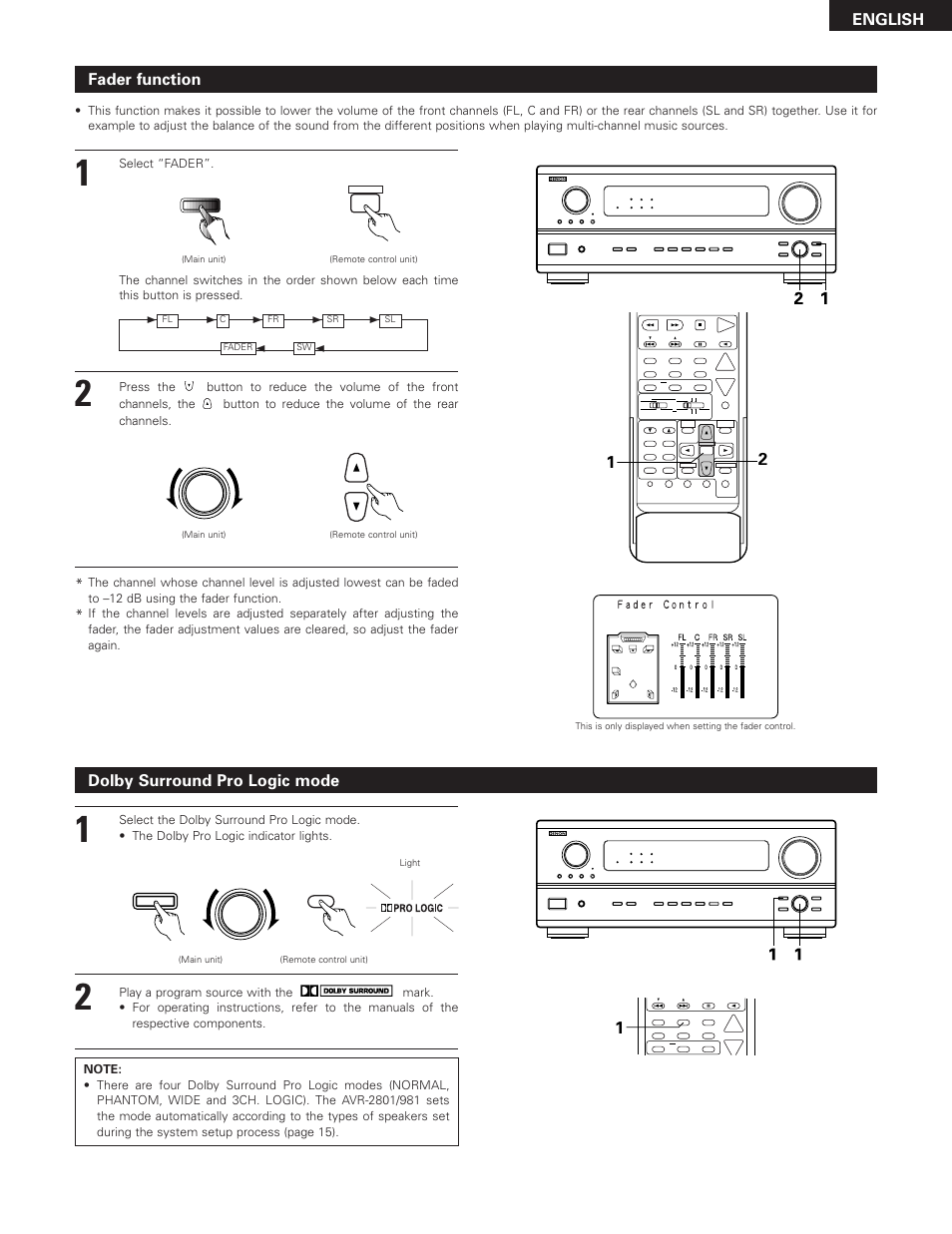 English, Fader function, Dolby surround pro logic mode | Select “fader | Denon AVR-2801 User Manual | Page 37 / 54