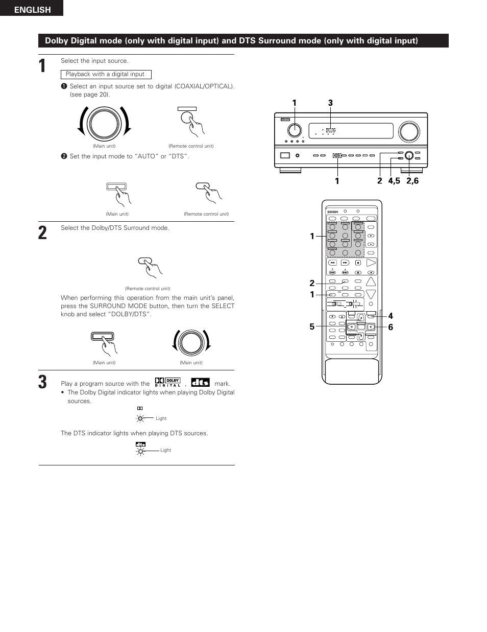English, W set the input mode to “auto” or “dts, Select the dolby/dts surround mode | The dts indicator lights when playing dts sources | Denon AVR-2801 User Manual | Page 38 / 54