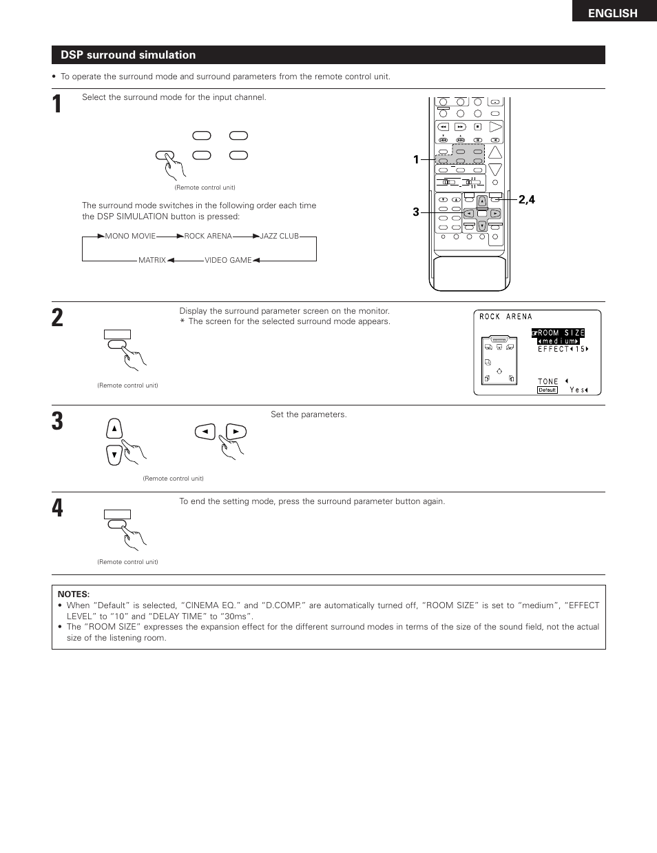 English, Dsp surround simulation, The screen for the selected surround mode appears | Set the parameters | Denon AVR-2801 User Manual | Page 41 / 54