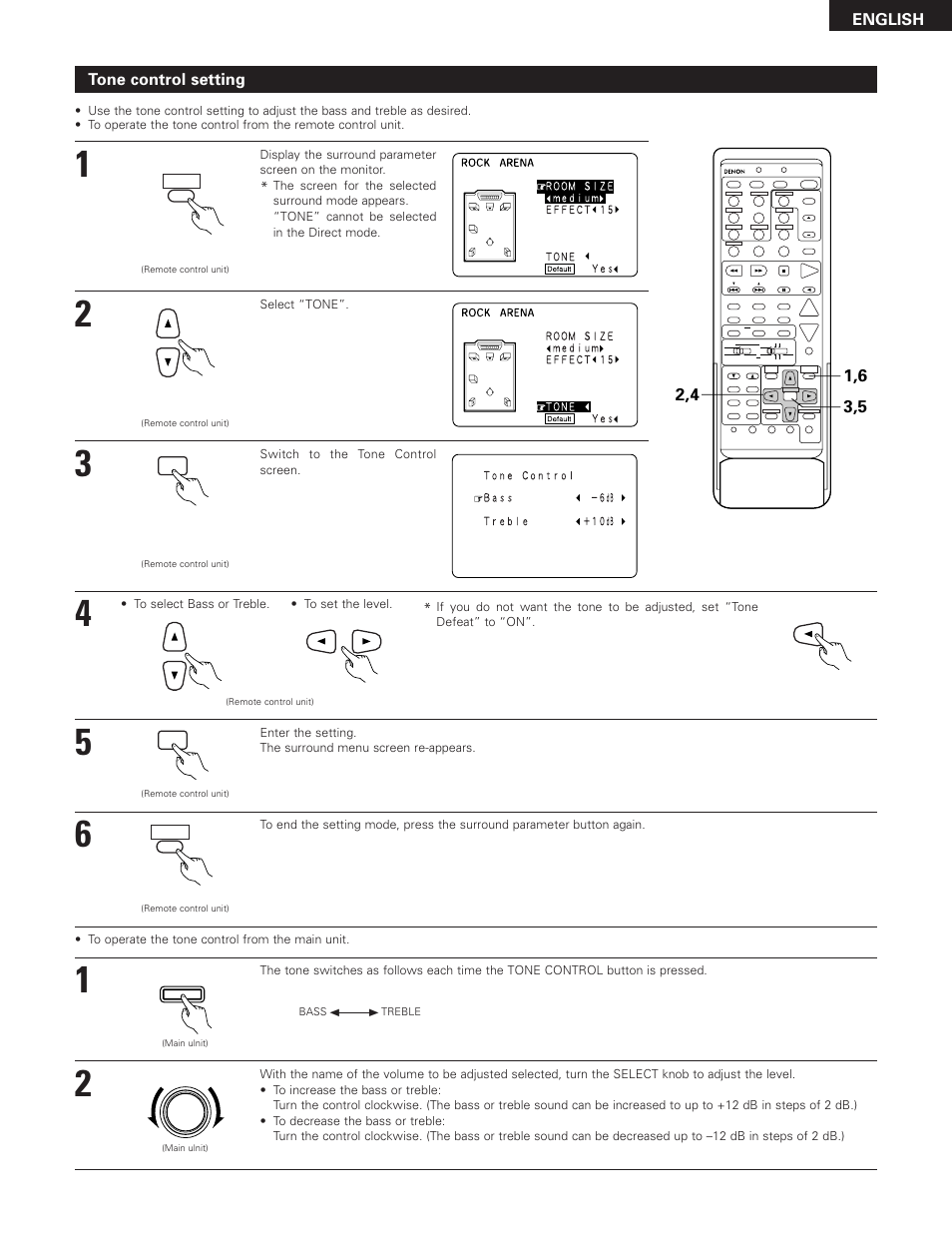 English, Tone control setting, Select “tone | Switch to the tone control screen | Denon AVR-2801 User Manual | Page 43 / 54