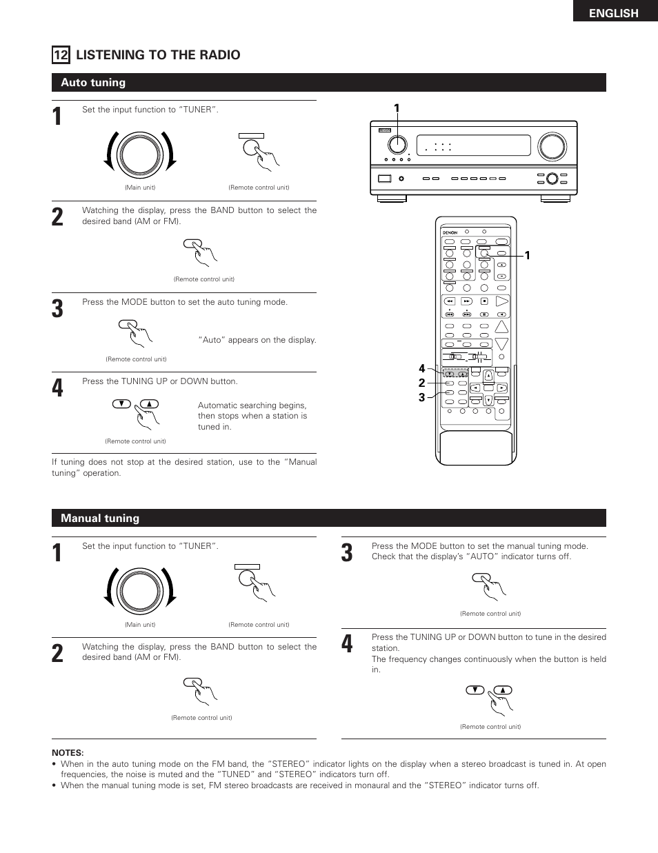 Listening to the radio, 12 listening to the radio, English | Manual tuning, Auto tuning, Set the input function to “tuner, Press the mode button to set the auto tuning mode, Press the tuning up or down button | Denon AVR-2801 User Manual | Page 45 / 54