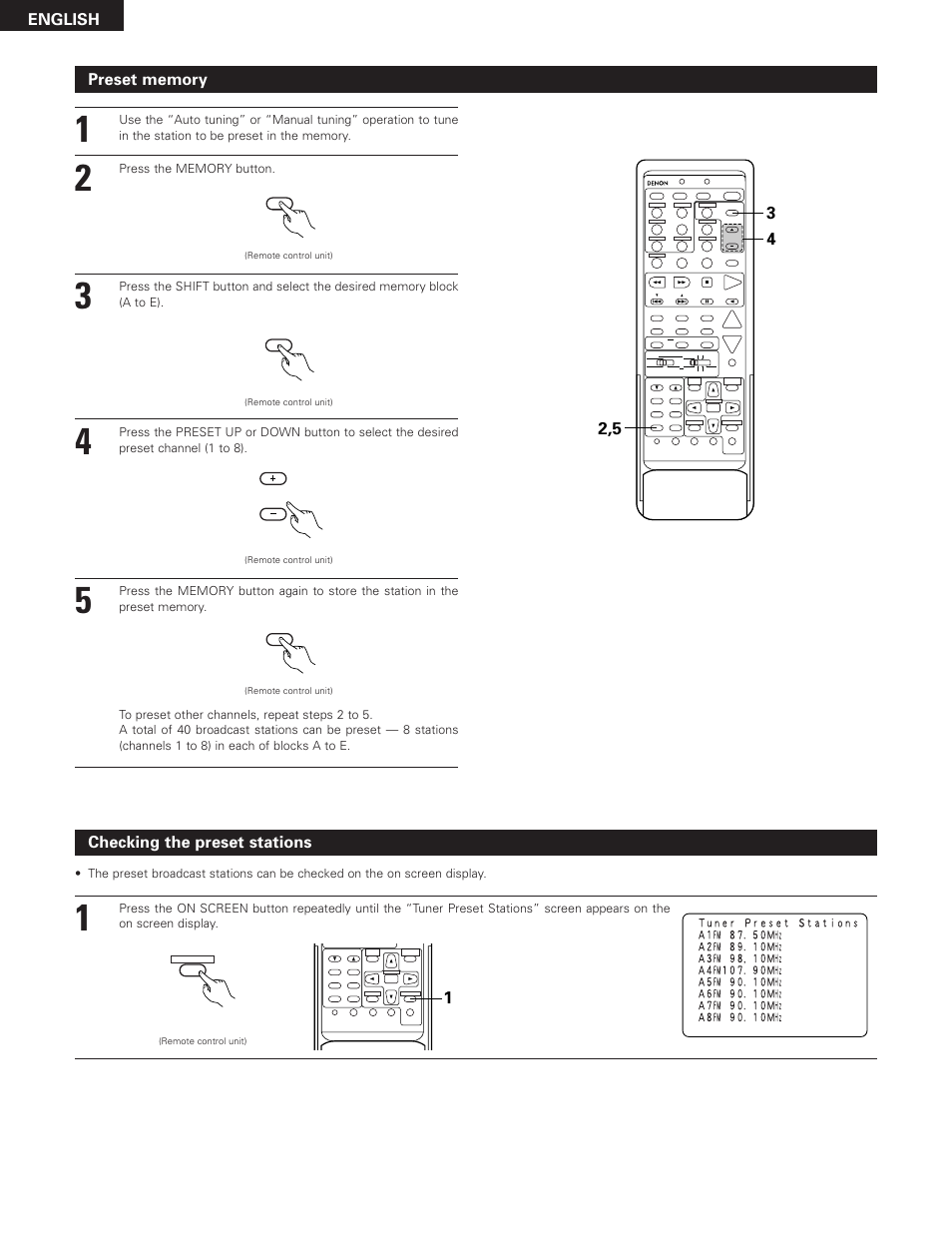 English, Checking the preset stations | Denon AVR-2801 User Manual | Page 46 / 54