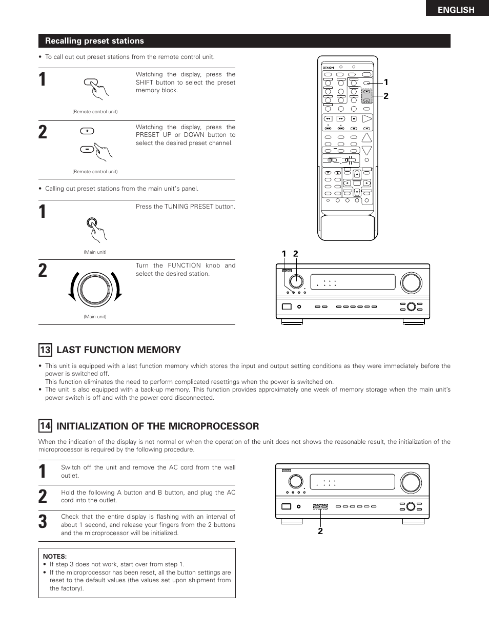 Last function memory, Initialization of the microprocessor, 14 initialization of the microprocessor | English, Recalling preset stations, Press the tuning preset button | Denon AVR-2801 User Manual | Page 47 / 54