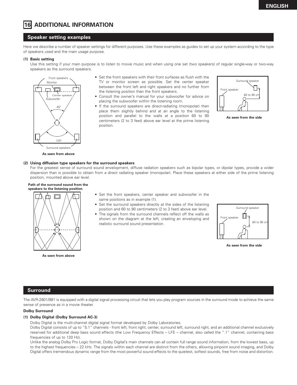 Additional information, 16 additional information, English | Speaker setting examples, Surround | Denon AVR-2801 User Manual | Page 49 / 54