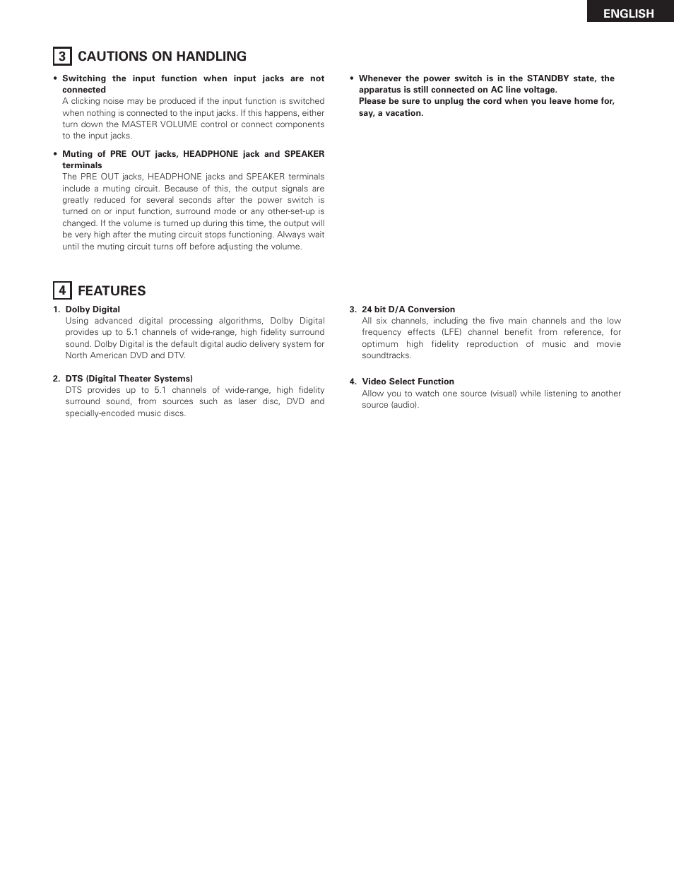 Cautions on handling, Features, 53 cautions on handling 4 features | Denon AVR-2801 User Manual | Page 5 / 54